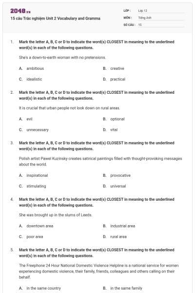 15 câu  Trắc nghiệm Unit 2 Vocabulary and Gramma