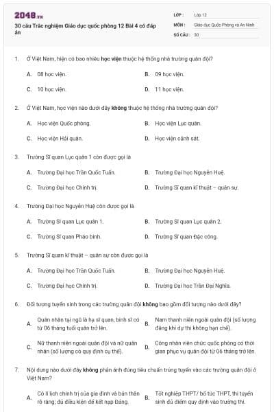30 câu Trắc nghiệm Giáo dục quốc phòng 12 Bài 4 có đáp án