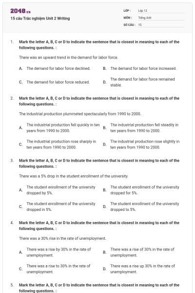 15 câu  Trắc nghiệm Unit 2 Writing