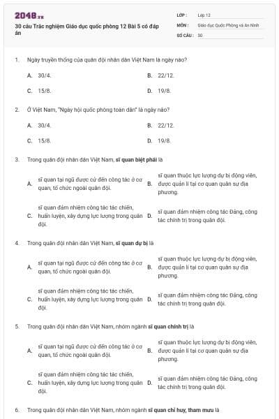 30 câu Trắc nghiệm Giáo dục quốc phòng 12 Bài 5 có đáp án