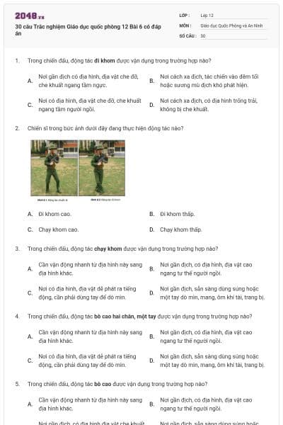 30 câu Trắc nghiệm Giáo dục quốc phòng 12 Bài 6 có đáp án