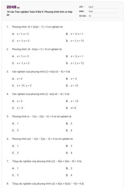 18 câu Trắc nghiệm Toán 8 Bài 4: Phương trình tích có đáp án