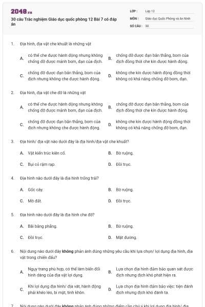 30 câu Trắc nghiệm Giáo dục quốc phòng 12 Bài 7 có đáp án