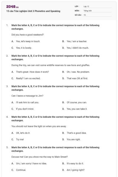 15 câu  Trắc nghiệm Unit 3 Phonetics and Speaking