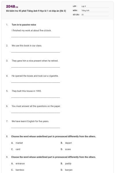 Đề kiểm tra 45 phút Tiếng Anh 9 Học kì 1 có đáp án (Đề 3)