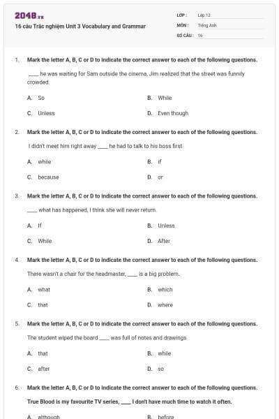 16 câu Trắc nghiệm Unit 3 Vocabulary and Grammar