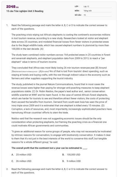 15 câu  Trắc nghiệm Unit 3 Reading