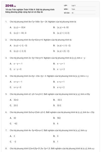 18 câu Trắc nghiệm Toán 9 Bài 4: Giải hệ phương trình bằng phương pháp cộng đại số có đáp án