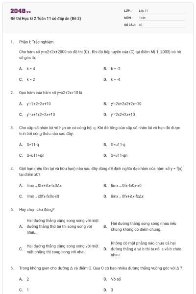 Đề thi Học kì 2 Toán 11 có đáp án (Đề 2)