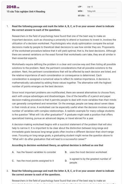 15 câu Trắc nghiệm Unit 4 Reading