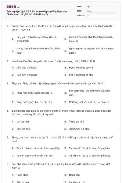 Trắc nghiệm Lịch Sử 9 Bài 14 (có đáp án) Việt Nam sau Chiến tranh thế giới thứ nhất (Phần 2)