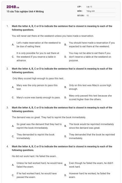 15 câu Trắc nghiệm Unit 4 Writing