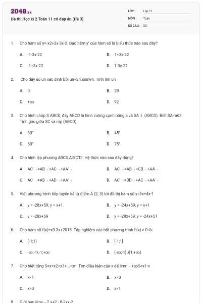 Đề thi Học kì 2 Toán 11 có đáp án (Đề 3)