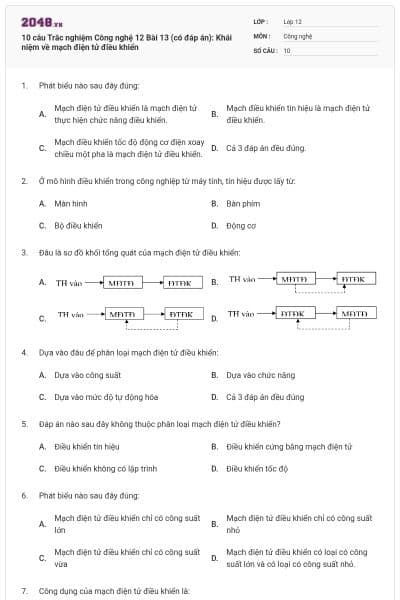 10 câu Trắc nghiệm Công nghệ 12 Bài 13 (có đáp án): Khái niệm về mạch điện tử điều khiển