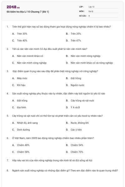 Đề kiểm tra Địa Lí 10 Chương 7 (Đề 1)