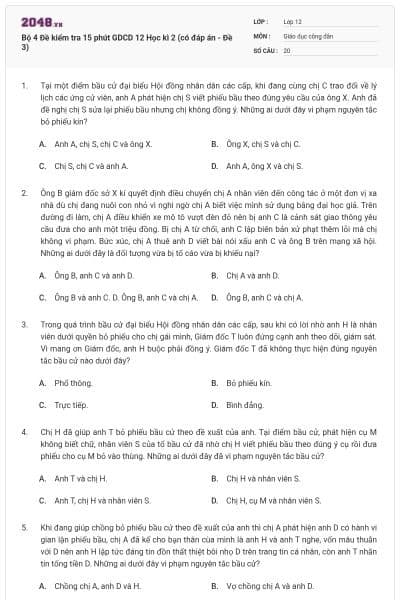 Bộ 4 Đề kiểm tra 15 phút GDCD 12 Học kì 2 (có đáp án - Đề 3)