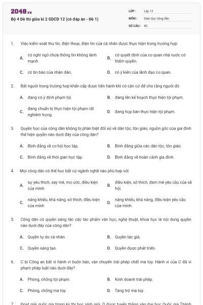 Bộ 4 Đề thi giữa kì 2 GDCD 12 (có đáp án - Đề 1)