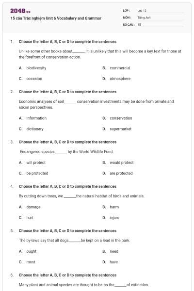 15 câu  Trắc nghiệm Unit 6 Vocabulary and Grammar