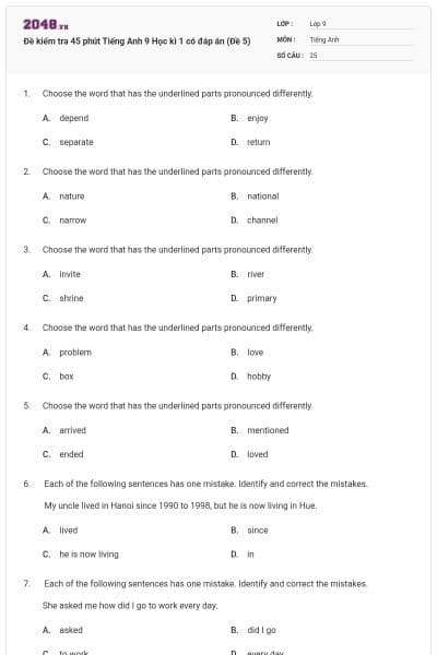 Đề kiểm tra 45 phút Tiếng Anh 9 Học kì 1 có đáp án (Đề 5)