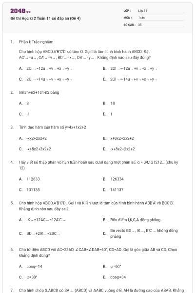Đề thi Học kì 2 Toán 11 có đáp án (Đề 4)