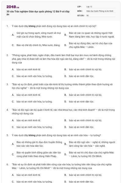 30 câu Trắc nghiệm Giáo dục quốc phòng 12 Bài 9 có đáp án