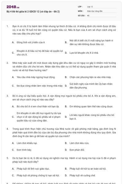 Bộ 4 Đề thi giữa kì 2 GDCD 12 (có đáp án - Đề 2)