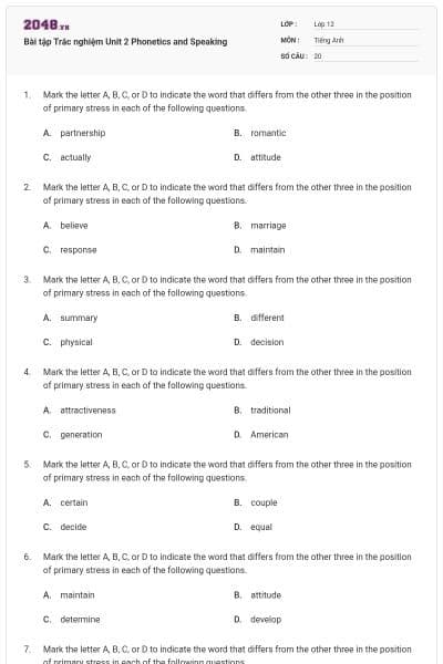 Bài tập Trắc nghiệm Unit 2 Phonetics and Speaking