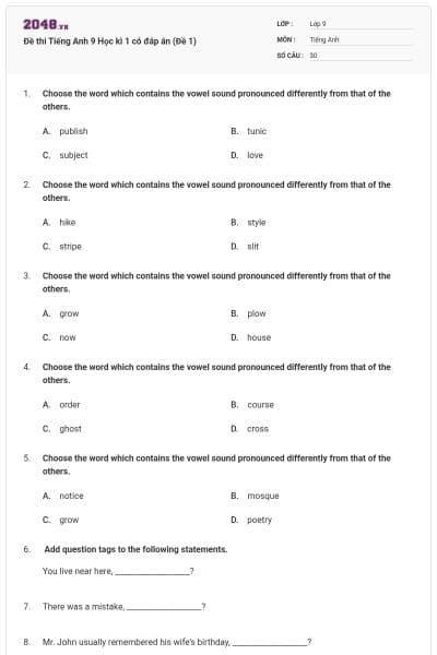 Đề thi Tiếng Anh 9 Học kì 1 có đáp án (Đề 1)