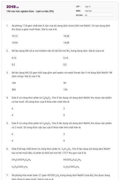150 câu trắc nghiệm Este - Lipit cơ bản (P6)