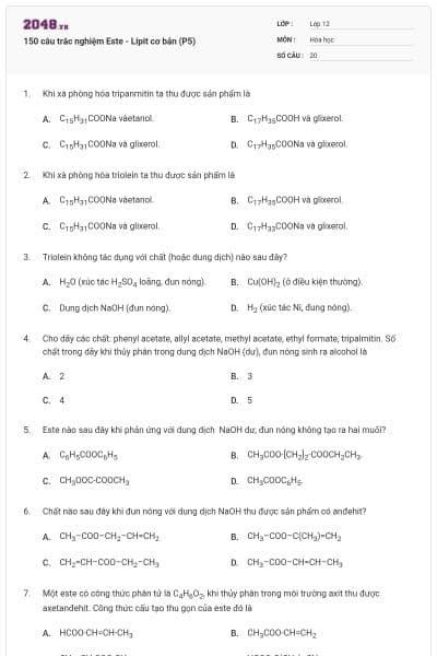 150 câu trắc nghiệm Este - Lipit cơ bản (P5)
