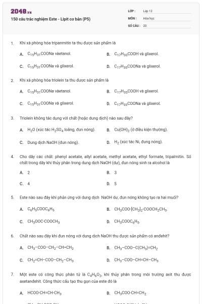 150 câu trắc nghiệm Este - Lipit cơ bản (P5)