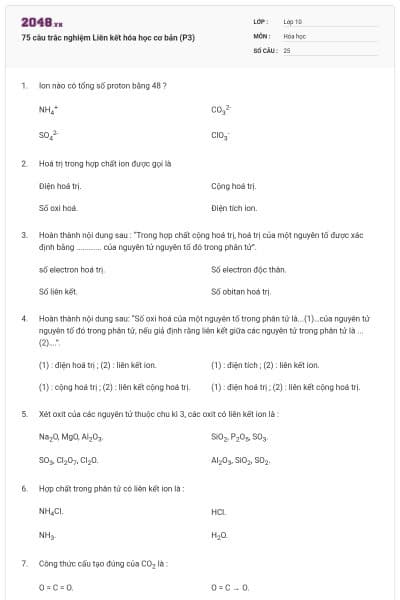 75 câu trắc nghiệm Liên kết hóa học cơ bản (P3)