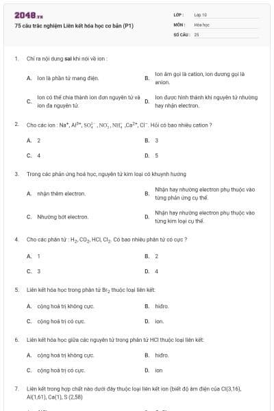 75 câu trắc nghiệm Liên kết hóa học cơ bản (P1)