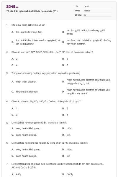 75 câu trắc nghiệm Liên kết hóa học cơ bản (P1)