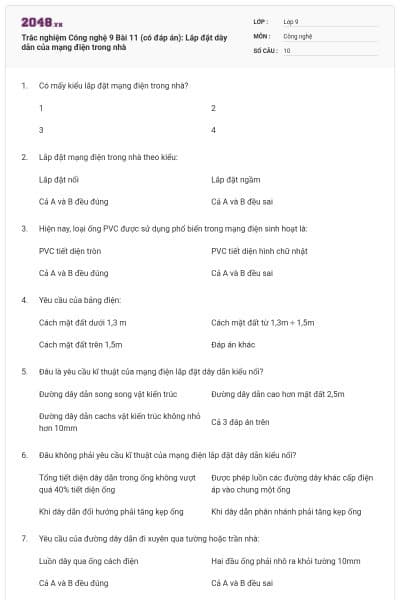 Trắc nghiệm Công nghệ 9 Bài 11 (có đáp án): Lắp đặt dây dẫn của mạng điện trong nhà