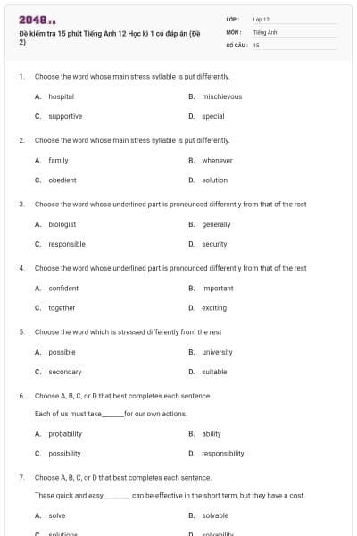 Đề kiểm tra 15 phút Tiếng Anh 12 Học kì 1 có đáp án (Đề 2)