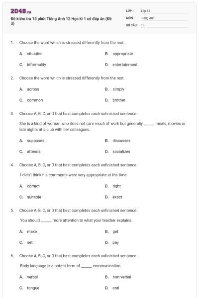 Đề kiểm tra 15 phút Tiếng Anh 12 Học kì 1 có đáp án (Đề 3)
