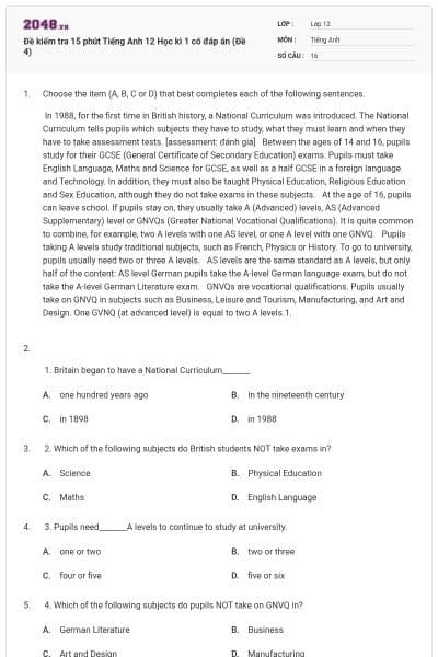 Đề kiểm tra 15 phút Tiếng Anh 12 Học kì 1 có đáp án (Đề 4)