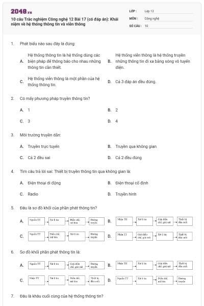 10 câu Trắc nghiệm Công nghệ 12 Bài 17 (có đáp án): Khái niệm về hệ thống thông tin và viễn thông