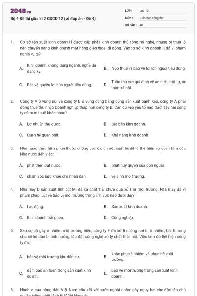 Bộ 4 Đề thi giữa kì 2 GDCD 12 (có đáp án - Đề 4)