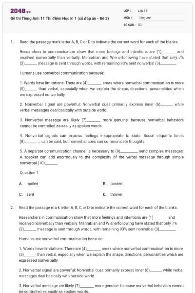 Đề thi Tiếng Anh 11 Thí điểm Học kì 1 (có đáp án - Đề 2)
