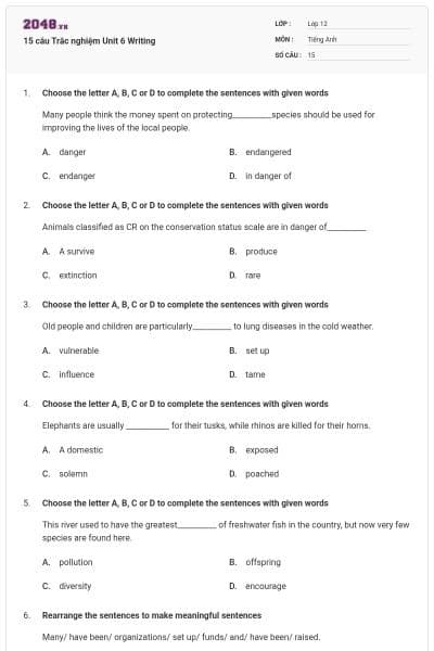 15 câu  Trắc nghiệm Unit 6 Writing