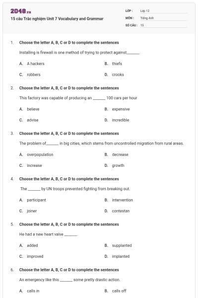 15 câu  Trắc nghiệm Unit 7 Vocabulary and Grammar
