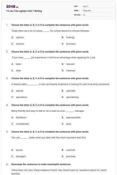 15 câu  Trắc nghiệm Unit 7 Writing