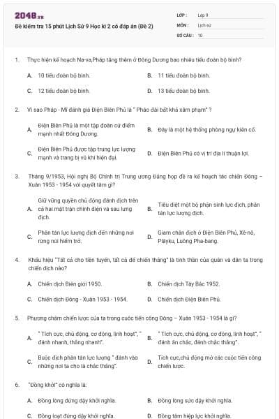 Đề kiểm tra 15 phút Lịch Sử 9 Học kì 2 có đáp án (Đề 2)