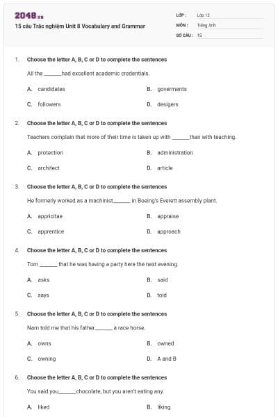 15 câu  Trắc nghiệm Unit 8 Vocabulary and Grammar