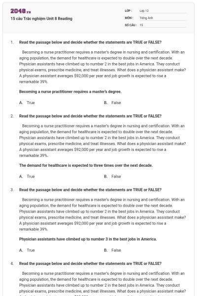 15 câu  Trắc nghiệm Unit 8 Reading