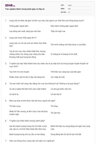 Trắc nghiệm Bánh chưng bánh giầy có đáp án