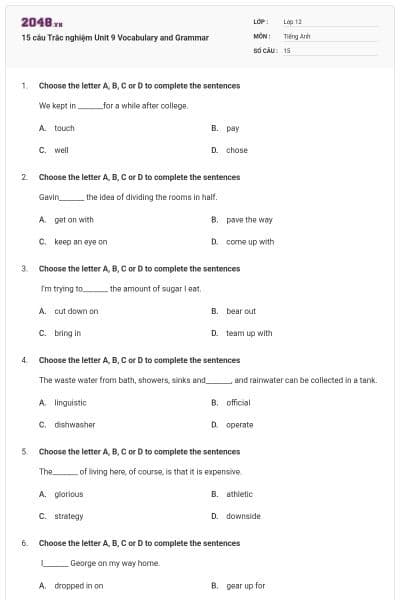 15 câu  Trắc nghiệm Unit 9 Vocabulary and Grammar