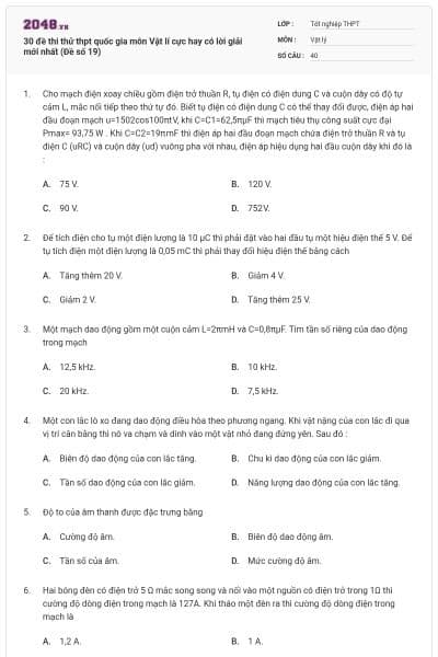 30 đề thi thử thpt quốc gia môn Vật lí cực hay có lời giải mới nhất (Đề số 19)